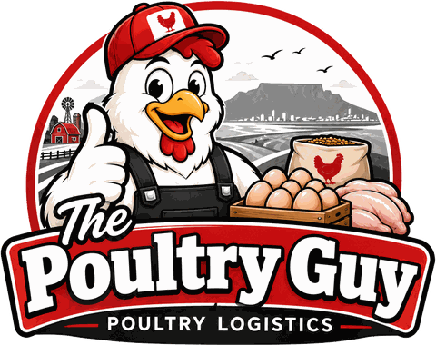 The Poultry Guy logo: a chicken in a red cap giving a thumbs up, with eggs, a feed bag and poultry, in front of Table Mountain